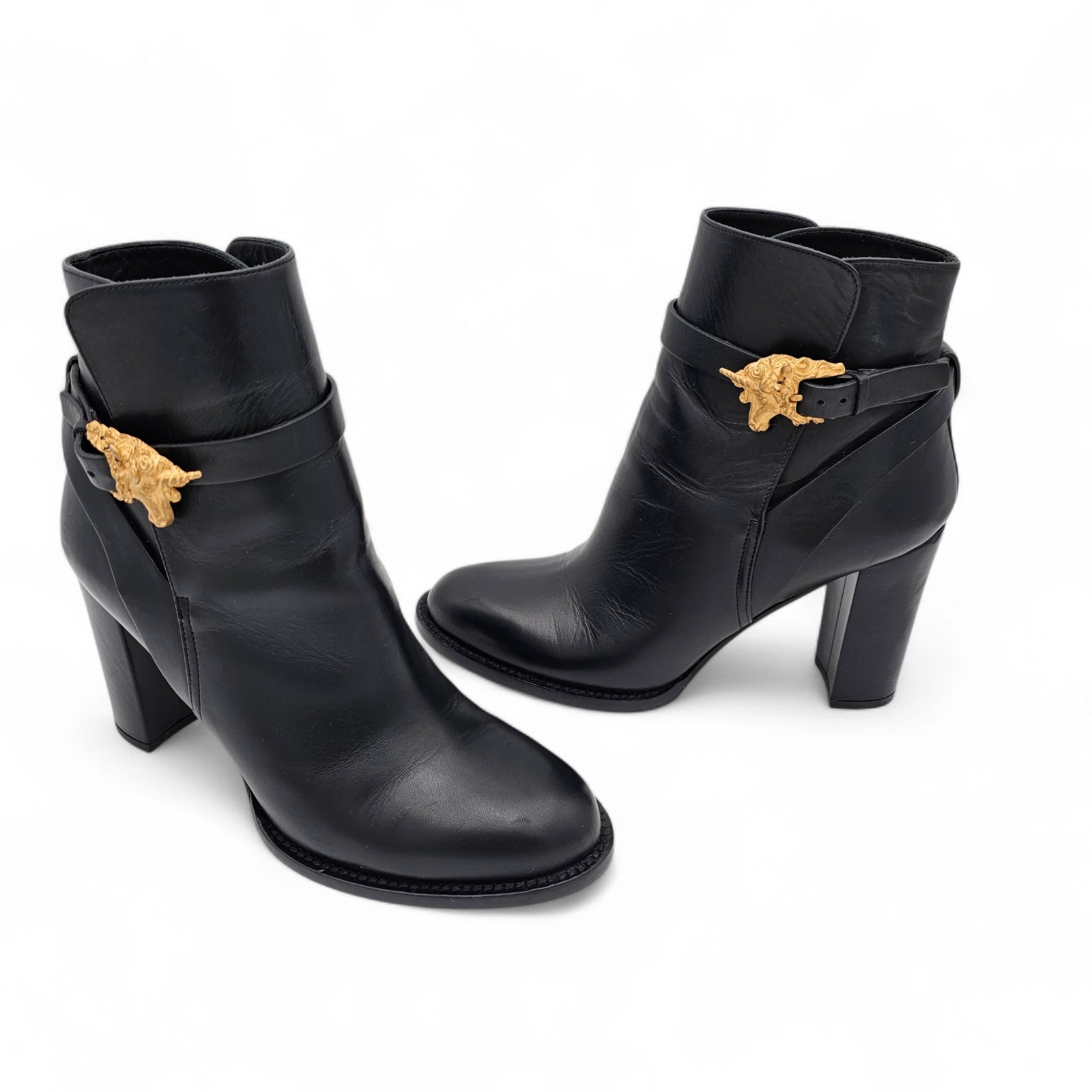 Valentino Garavani Unicorn Block Heel Boot Black Leather Gold Size 39 Us 9